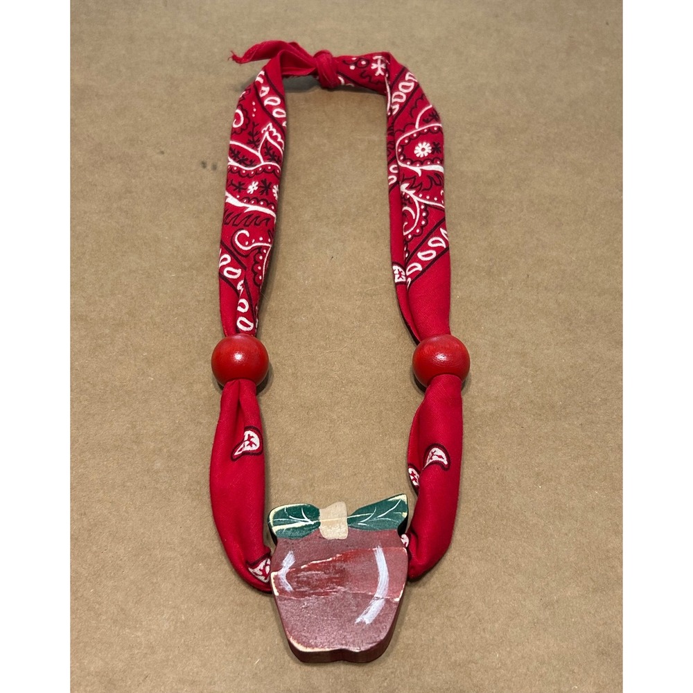 Red Bandana Necklace Hand Painted Wood Apple Pendant Folk Art Western Teacher
